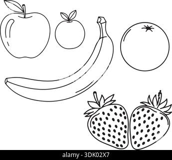 Ensemble d'art Minimalist fruit Line : pomme, banane, orange et fraise Coloriage Illustration de Vecteur