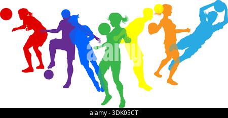 Soccer Football joueurs masculin femmes silhouettes Illustration de Vecteur