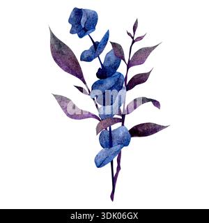 Peinture à l'aquarelle d'une branche bleue et violette avec des feuilles sur un fond blanc. Représentation artistique de la nature dans des tons froids. Banque D'Images