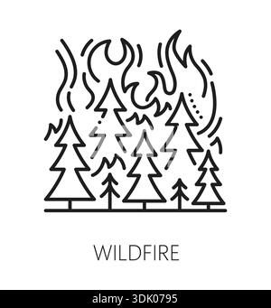 Catastrophe naturelle de feu de forêt, icône de ligne de catastrophe. Icône de contour de catastrophe environnementale, symbole de vecteur de cataclysme naturel de changement climatique. Panneau de catastrophe de feu de forêt avec des arbres d'épicéa de forêt en feu Illustration de Vecteur