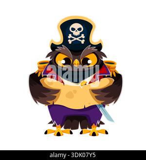 Hibou animal pirate animal de dessin animé personnage. Sage hibou corsair habillé en chemise rayée, veste et ceinture avec épée, et détient une vieille carte au trésor dans des ailes, prêt pour l'aventure de chasse aux trésors marins nautiques Illustration de Vecteur