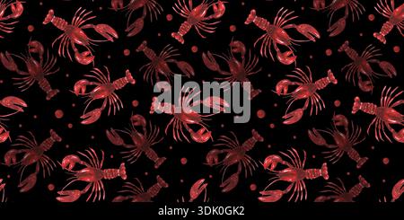 Motif sans couture de homards rouges sur un fond noir. Idéal pour les conceptions liées aux fruits de mer, l'image de marque de restaurant, la décoration de cuisine, textile ou sur le thème marin Banque D'Images