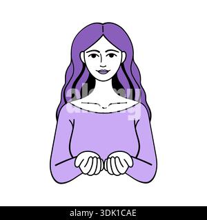 Fille de dessin animé avec ses mains tendues à la caméra donne le concept de cadeau. Donnez pour gagner campagne de vacances de la journée internationale des femmes. Style doodle vectoriel Illustration de Vecteur