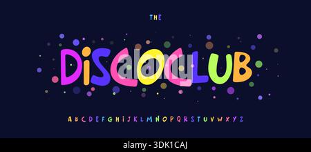 Police de dessin animé spirituelle, alphabet de carnaval coloré, lettres ludiques funky, type joyeux pour le titre de club disco rétro, logo drôle, titre comique, rebondissement Illustration de Vecteur