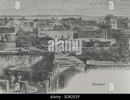 Zanzibar, Tanzanie. Vue sur la ville. Photogravure d'après une photographie de H. M. Stanley. 'La conquista de Africa' (la conquête de l'Afrique), par Alfredo Opisso. Volume III publié à Barcelone (Espagne) par Molinas y Maza Editores, 1911. Banque D'Images