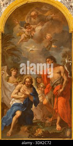 VERCELLI, ITALIE - 16 JANVIER 2026 : la peinture du baptême de Jésus dans l'église Cattedrale di San Eusebio par un artiste inconnu. Banque D'Images
