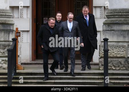 Michael Flatley (left) leaving Belfast High Court, after a legal order blocking him from engaging with the Lord of the Dance production has been overturned. At The Chancery Court in the Royal Courts of Justice on Thursday, Mr Justice Simpson discharged a temporary injunction that had been secured against the dancer and choreographer. Picture date: Thursday January 29, 2026. Banque D'Images
