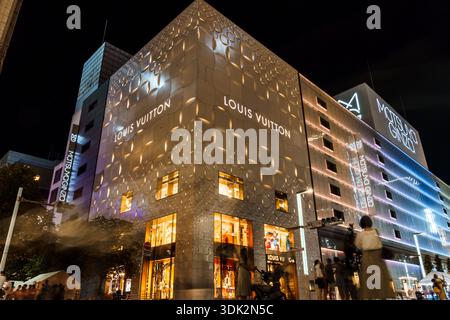 Tokyo, Japon - 3 août 2024 : illumine le magasin Louis Vuitton à Ginza, Tokyo, la nuit, mettant en valeur le luxe et le design architectural. Banque D'Images