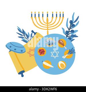 Happy passover composition avec plaque seder et autres symboles de fêtes juives. Illustration vectorielle dans le style plat de dessin animé. Illustration de Vecteur