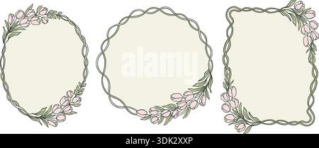 Spring Coquette Floral Tulip Frame Vector Set dessiné à la main Girly Design fantaisiste pour carte, invitation, étiquette, étiquette, affiche délicate Illustration de Vecteur