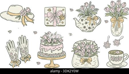 Spring Floral dessiné à la main Doodle Sketch Set Collection fleur, tulipe, boîte cadeau, gâteau, accessoires et jolie Coquette féminine Girly festive 8 mars Collection de fête des mères Illustration de Vecteur