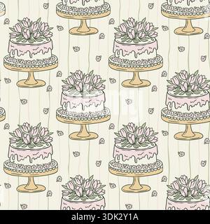 Gâteau de voeux d'anniversaire tulipes florales à motif vectoriel sans couture, fond de conception de printemps de Cottagecore rayé Illustration de Vecteur