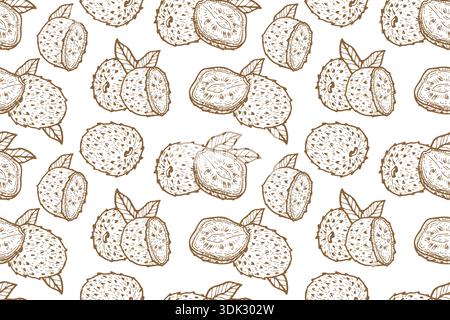 Guanabana avec des feuilles sans couture motif. Croquis de fruits de Graviola, design rétro. Fond de fruit de levain dessiné à l'encre. Illustration de Vecteur