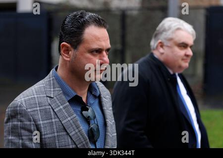 Armand Lako of Switzer (left) and Des Walshe, former financial adviser to Michael Flatlley, outside Belfast High Court, after a legal order blocking Mr Flatley from engaging with the Lord of the Dance production has been overturned. At The Chancery Court in the Royal Courts of Justice on Thursday, Mr Justice Simpson discharged a temporary injunction that had been secured against the dancer and choreographer. Picture date: Thursday January 29, 2026. Banque D'Images