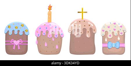 Gâteaux de Pâques avec glaçage au sucre, ensemble de couleurs vectorielles. Kulichi avec de la crème, des illustrations fantaisistes. Tartes festives à la levure avec des pépites et du glaçage qui descendent Illustration de Vecteur
