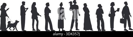 Les hommes, les femmes et les enfants font la queue. Groupe organisé. Vue latérale des silhouettes de personnes. Clients en file d'attente. File d'attente vers le caissier ou Illustration de Vecteur