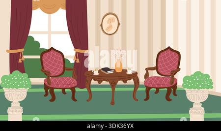 Intérieur de la vieille maison avec table et chaises antiques. Rideaux de velours, papier peint et tableau de peinture. Fauteuils en bois avec bureau. Salon classique Illustration de Vecteur