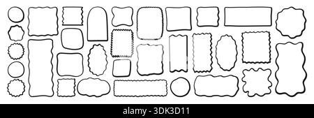 Ensemble de formes organiques abstraites avec des formes liquides ondulées et des cadres géométriques irréguliers. Courbes rétro fluides, bords festonnés et taches ovales. Éléments abstraits minimaux plats et look moderne et ludique Illustration de Vecteur