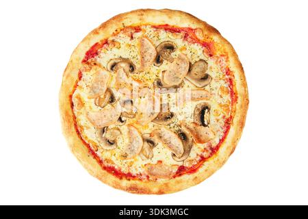 Vue d'ensemble de Mushroom Topped Pizza. Meilleure perspective de pizza aux champignons fraîchement cuite avec bords croustillants Banque D'Images