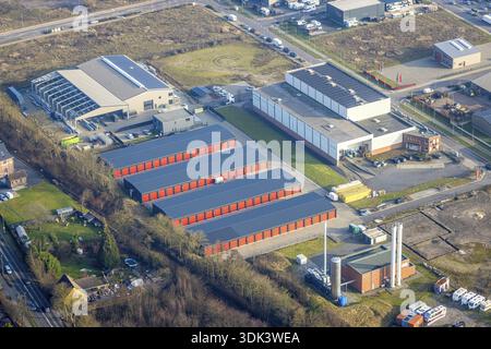 Vue aérienne, garages étoilés Neukirchen-Vluyn garages à grande échelle et fournisseurs de stockage, portes de garage rouges, Fritz-Baum-Allee, Vluyn, Neukirchen-Vluyn, Ruh Banque D'Images