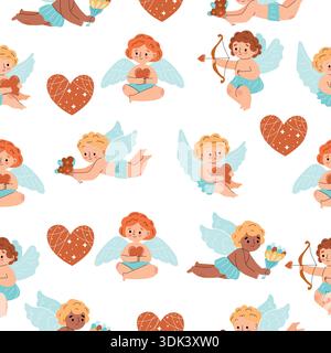 Modèle sans couture avec des cupids de bande dessinée, des coeurs et des éléments de la Saint-Valentin Illustration de Vecteur