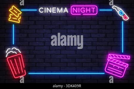 Panneau de nuit cinéma néon avec pop-corn, billets, verres et claquette. Cadre à thème de divertissement parfait pour les événements cinématographiques et les promotions. Illustration de Vecteur