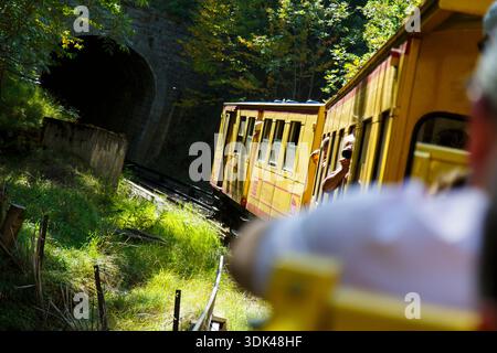 Le train jaune 'le train jaune' en montée, ligne de Cerdagne, Vallée de la Têt, Villefranche-de-Conflent, Pyrénées-Orientales, Occitanie, FR Banque D'Images