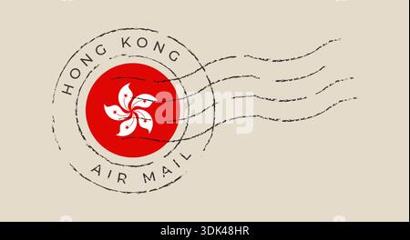 Illustration rétro de cachet de poste de Hong Kong Air mail avec emblème du drapeau national, symbolisant le voyage international et la communication vintage. Illustration de Vecteur