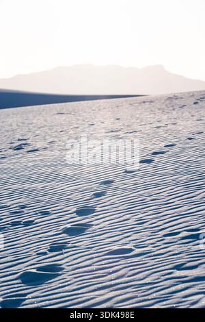 Paysage de dunes de gypse du Monument National de White Sands au Nouveau-Mexique, traces dans le sable Banque D'Images