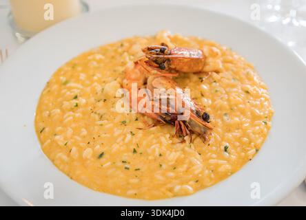 Risotto crémeux aux crevettes garni d'herbes fraîches et de deux crevettes grillées entières, servi sur une assiette blanche dans un restaurant italien, Berne, Suisse Banque D'Images