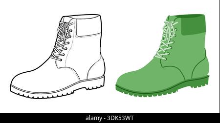 Vert grosse dentelle bottine femme plate plus ligne set. Col rembourré avec crampons pour un style de randonnée tendance. Illustration de mode technique CAD maquette mixte vecteur hommes unisexe style chic isolé Illustration de Vecteur