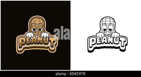 Logo de dessin animé cacahuète avec texte et une expression élevée. Design en couleur et noir et blanc. Conception pour autocollant, étiquette, couverture, emballage, tshirt, Illustration de Vecteur