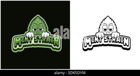 Logo de dessin animé Mint Leaf avec du texte et une haute expression. Design en couleur et noir et blanc. Illustration de Vecteur