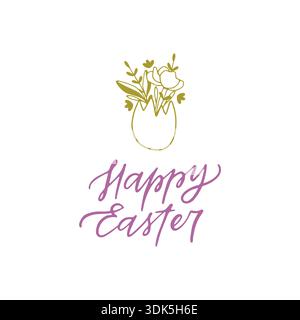 Joyeuses Pâques citation dessinée à la main avec oeuf floral Illustration de Vecteur