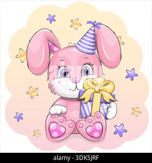 Carte d'anniversaire avec mignon dessin animé Pink Rabbit Toy et cadeau violet. Illustration vectorielle animale sur fond rose avec des étoiles. Illustration de Vecteur