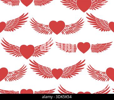 Modèle sans couture de coeurs ailés rouges sur fond blanc. Design plat romantique pour le décor de Saint-Valentin, papier cadeau, papeterie, tissus, papiers peints Illustration de Vecteur