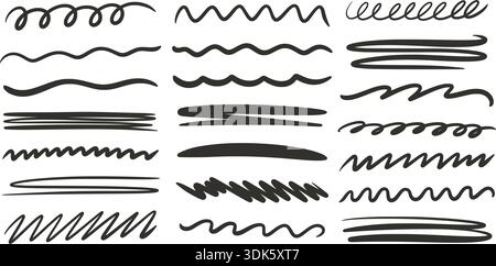 Jeu de lignes à main levée audacieuses. Soulignement, vague, courbe, zigzag marques d'encre. Éléments pour la journalisation, notes, post design et design, graphiques vectoriels Illustration de Vecteur