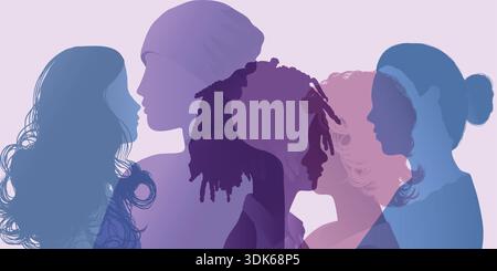 Groupe de communication de silhouettes de femmes multiculturelles dans le profil diversité inclusion et unité sociale Illustration de Vecteur