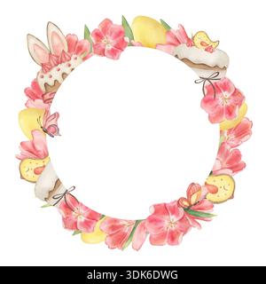Couronne de Pâques aquarelle avec tulipes roses, œufs jaunes, lapins et gâteaux festifs. Cadre floral rond à ressort pour carte de voeux, autocollant ou boulangerie Banque D'Images