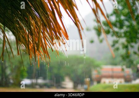 La pluie tombe du toit de chaume d'une cabane thaïlandaise traditionnelle pendant la tempête tropicale à Chiang Dao, Thaïlande Banque D'Images