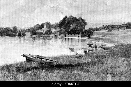 Eastwell Park : la vieille église et le lac, 1895. 'En passant à un bloc d'arbres au-delà d'une petite baie au bord du lac, on remarque la curieuse odeur pointue qui, en pleine campagne, raconte des habitations proches de l'homme ; car ici, vu du lac mais caché de la terre, sont l'ancienne église Eastwell et le couple de chalets dans lesquels ses gardiens vivent. Situé dans son cimetière dans le bois, l'église est très belle ; un large bâtiment robuste, divisé en deux parties, avec des murs gris et des toits rouges, et une tour carrée au-dessus." Eastwell Park, près d'Ashford dans le Kent, en Angleterre, appartenait aux comtes de Win Banque D'Images