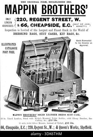Publicité pour les sacs à habiller des frères Mappin, étuis de costume, sacs de kit, & amp ; c., 1895. 'LA FIRME ORIGINALE, FONDÉE EN 1810. LES SEULES ADRESSES DES FRÈRES MAPPIN À LONDRES : 220, REGENT STREET, W. &AMP ; 66, CHEAPSIDE, E.C. (SUIVANT SIR JOHN' BENNETT'S). L'inspection est invitée du plus grand et du plus beau stock dans le monde des SACS DE DRESSAGE, DES ÉTUIS DE COSTUME, DES SACS DE KIT, &amp;c. CATALOGUE ILLUSTRÉ GRATUIT. Marchandises expédiées au pays lors de l'approbation. MALLETTE DE COSTUME EN CUIR MASSIF DES FRÈRES MAPPIN. 22 po Cuir doublé, équipé de bouteilles de toilette montées en nickel, brosses en ébène massif, couverts fins, &amp;c., £1 Banque D'Images