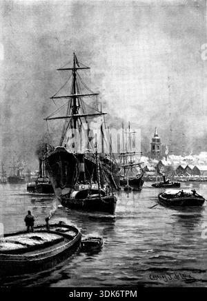 Météo hivernale à Gravesend, 1895. La Tamise risque de geler. "Les navires dans les ports autour de notre côte ont été remplis de neige, comme le montre pittoresque notre illustration, et partout dans le Royaume un gel sévère s'est installé..."il sera tout de même cent ans d'ici" est une réflexion qui donne un mais petit confort dans la calamité actuelle... le fait que c'était la même chose il y a cent ans n'a pas beaucoup plus de consolation en elle. Pourtant, il y a une lueur de satisfaction dans la pensée que ce que nous avons été de la dernière persistance dans la voie du gel a été enduré par Banque D'Images