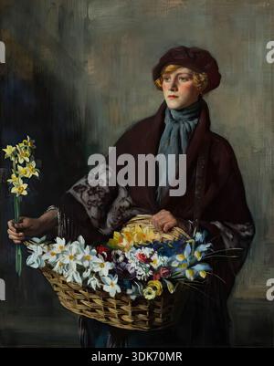 Kitty of Frying Pan Alley, c1921. La vente de fleurs était une profession reconnue à Londres jusqu'à la dernière guerre. Les filles de fleurs se sont regroupées autour de Piccadilly Circus, leurs paniers apportant de la couleur et une bouffée d'air campagnard à la scène urbaine terne. Dans la ville elle-même - où Kitty vivait et travaillait - les boutonnières étaient vendues à une population majoritairement masculine. Banque D'Images