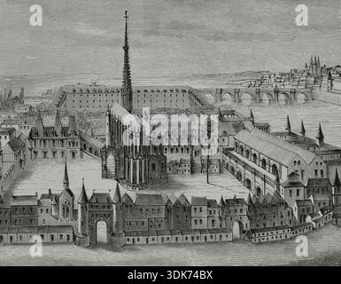 Le Palais et la Sainte-Chapelle au XVIe siècle, Paris, France, 1878. Fac-similé de la gravure. Extrait de "moeurs, usages et costumes au moyen-âGE et à ; l'époque de la Renaissance" de Paul Lacroix, Paris, 1878. Banque D'Images