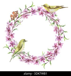 Une couronne de branches de pêche en fleurs avec deux oiseaux et un papillon. Illustration aquarelle isolée dans un style réaliste pour cartes postales, intérieurs, sp Banque D'Images