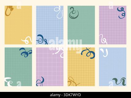 Un ensemble de 8 fonds de papier à carreaux minimalistes de couleur pastel. Présente divers motifs de grille, lignes et graphiques avec une ligne d'accent dessinée à la main Illustration de Vecteur