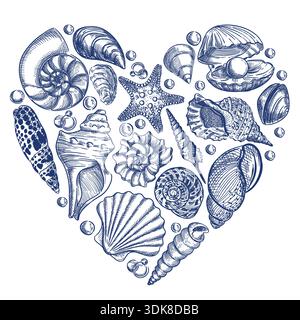 Coquillages bleus et bulles en forme de coeur isolé sur fond blanc. Illustration vectorielle d'été avec des coquilles dessinées à la main pour la plage, marine, co Illustration de Vecteur