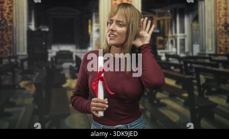 Femme tient le rouleau de diplôme avec ruban rouge et tasses main à oreille tout en écoutant dans le bâtiment orné de l'église avec des bancs et des colonnes ; incertitude. Banque D'Images