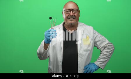 Homme dentiste hispanique senior en manteau blanc portant des lunettes tient le miroir dentaire et les sondes avec la main bleutée gantée, l'autre main sur la hanche, souriant dans le studio; Banque D'Images